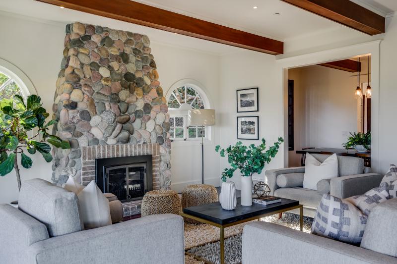 close up of living room with stones and wood