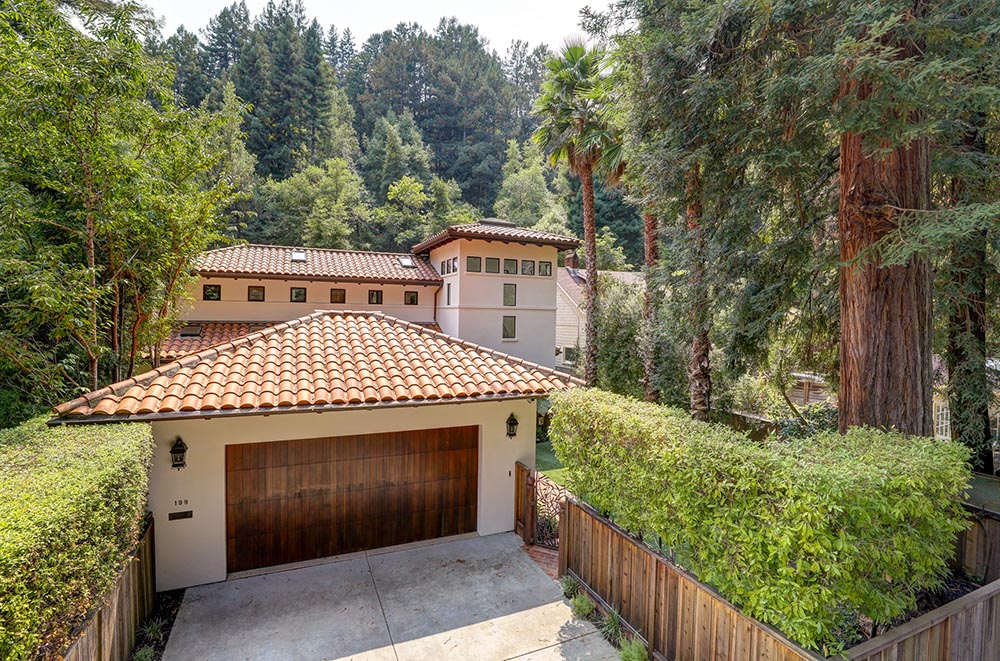 199 Madrone Avenue Larkspur exterior view - Spanish style - driveway view - surrounded by redwoods
