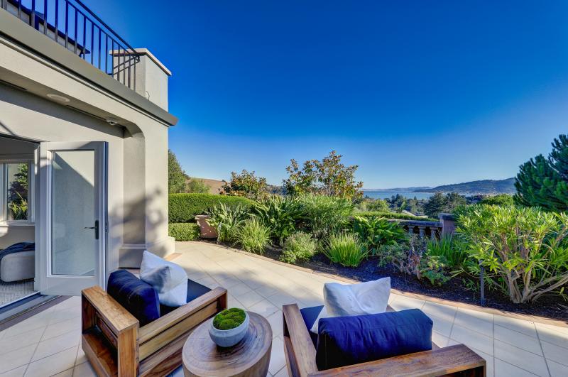 patio, garden, sliver view of bay