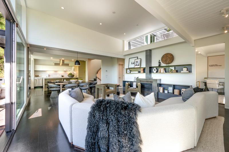 living room with high ceilings