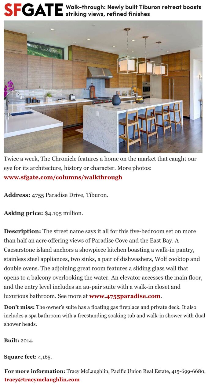 SFGate: Walk-through: Newly built Tiburon retreat boasts striking views, refined finishes