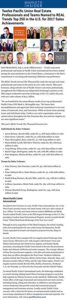 Twelve Pacific Union Real Estate Professionals and Teams Named to REAL Trends Top 250 in the U.S. for 2017 Sales Achievements